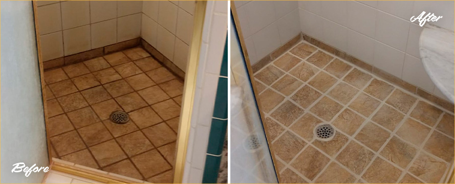 Before and After Image of a Shower After a Professional Grout Cleaning in Raleigh, NC