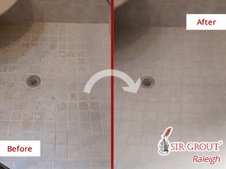 Image of a Shower Floor Before and After a Tile Cleaning in Raleigh, NC