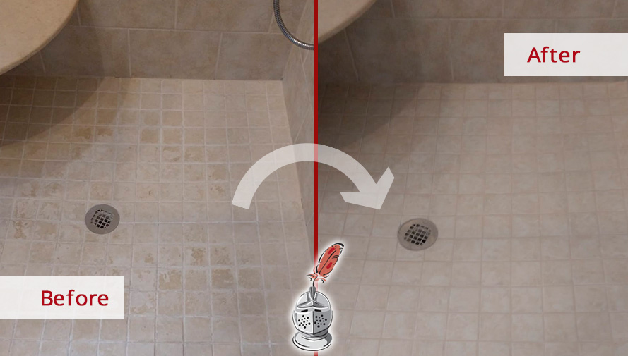Image of a Shower Floor Before and After a Superb Tile Cleaning in Raleigh, NC