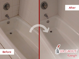 Picture of a Tub Before and After a Grout Cleaning in Raleigh