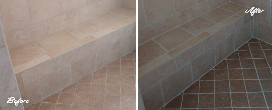 Ceramic Shower Before and After a Grout Sealing in Raleigh