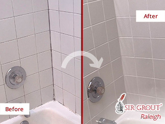 Shower Tile Wall Before and After a Grout Sealing in Raleigh