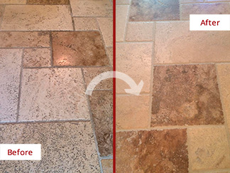 Before and After Picture of a Travertine Floor After a Tile Cleaning in Raleigh, NC