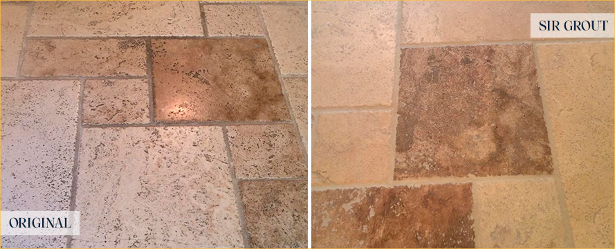 Before and After Image of a Travertine Floor After a Tile Cleaning in Raleigh, NC