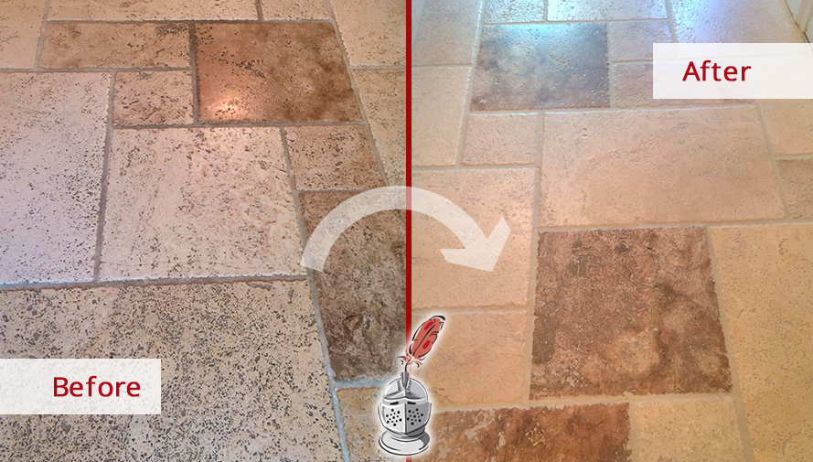 Before and After Picture of Travertine Floors After a Tile Cleaning in Raleigh, NC