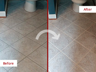 Bathroom Floor Before and After Our Grout Recoloring in Raleigh, NC