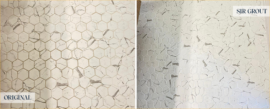 Bathroom Floor Before and After a Grout Cleaning in Raleigh, NC