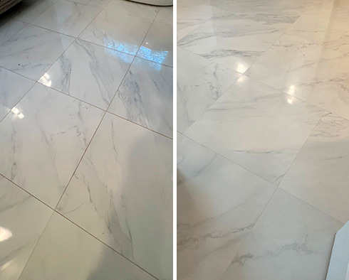 Bathroom Floor Before and After a Service from Our Tile and Grout Cleaners in Raleigh