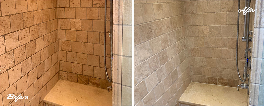 Shower Before and After a Superb Stone Cleaning in Apex, NC