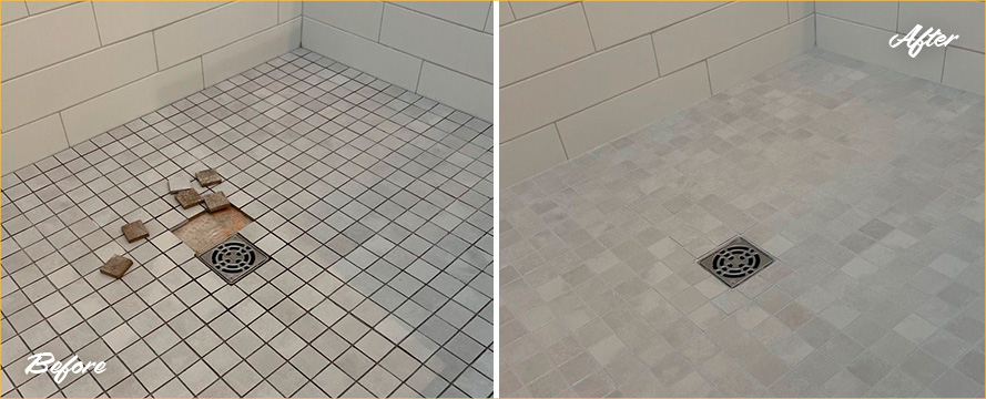 Tile Shower Before and After Our Hard Surface Restoration Services in Apex