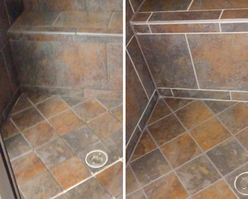 Tile Shower Before and After a Grout Cleaning in Apex