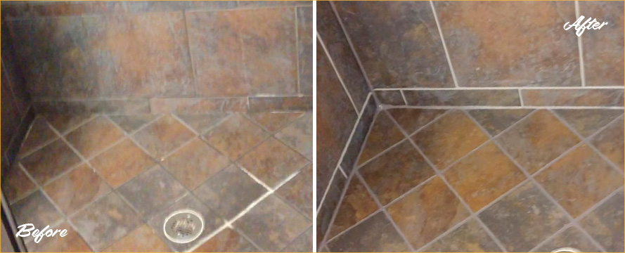 Tile Shower Before and After a Grout Cleaning in Apex
