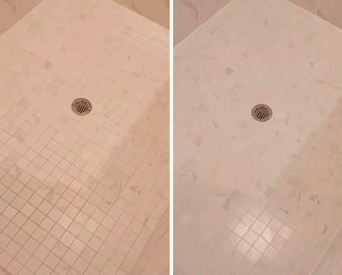 Shower Floor Before and After a Tile Cleaning in Raleigh