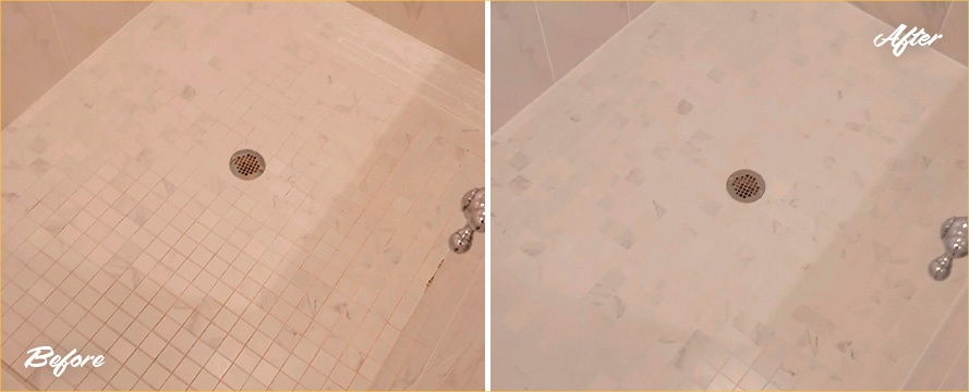 Shower Floor Before and After a Tile Cleaning in Raleigh