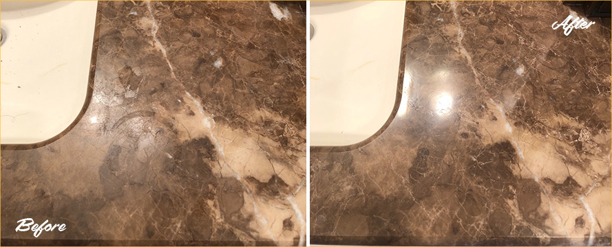 Brown Marble Vanity Top Before and After a Superb Stone Polishing in Raleigh, NC