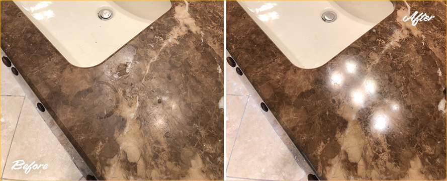 Marble Vanity Top Before and After a Superb Stone Polishing in Raleigh, NC