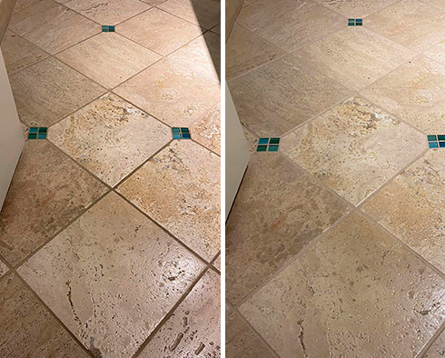 Tile Floor Before and After a Grout Recoloring in Fuquay Varina