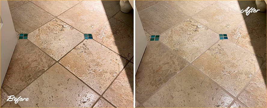 Tile Floor Before and After a Grout Recoloring in Fuquay Varina