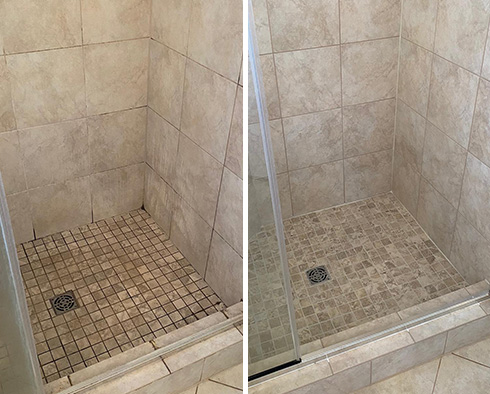 Ceramic Tile Shower Before and After a Grout Cleaning in Apex