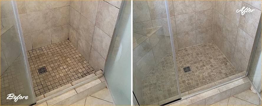 Ceramic Tile Shower Before and After a Grout Cleaning in Apex