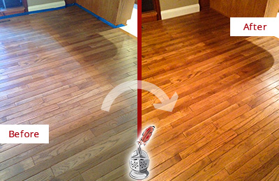 Sir Grout Refinished This Dull Neuse Wood Floor with a Sand Free Refinishing Service to Recover Its Sheen Before and After Picture of a Neuse Wood Sand Free Refinishing Service on a Dull Floor to Recover Its Sheen