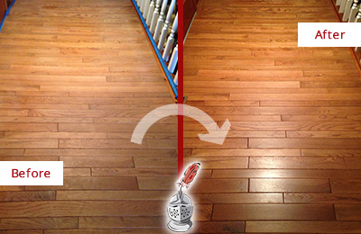 Sir Grout Refinished This Dull Neuse Hallway Floor with a Sand Free Refinishing Service Before and After Picture of a Neuse Wood Sand Free Refinishing Service on a Dull Hallway