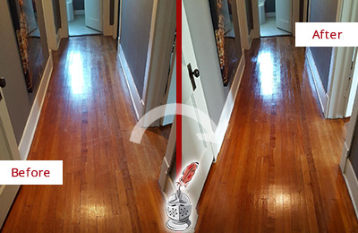 Sir Grout Refinished This Neuse Wood Floor with a Sand Free Refinishing Service to Eliminate Scratches Before and After Picture of a Neuse Wood Sand Free Refinishing Service on a Floor to Eliminate Scratches
