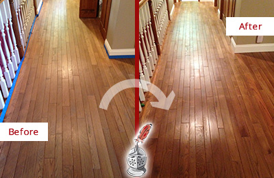 Sir Grout Refinished This Worn Out Neuse Wood Floor with a Sand Free Refinishing Service Before and After Picture of a Neuse Wood Sand Free Refinishing Service on a Worn Out Floor