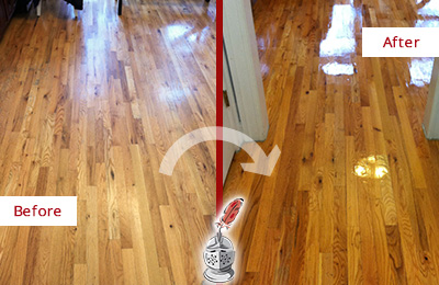 Sir Grout Refinished This Worn Out Neuse Hallway Floor with a Sand Free Refinishing Service Before and After Picture of a Neuse Wood Sand Free Refinishing Service on a Worn Out Hallway