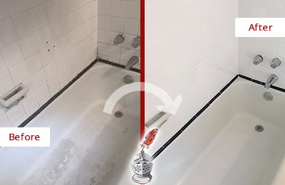 Picture of a Large Tub with Stained and Damaged Caulk Before and After a Tub Recaulking