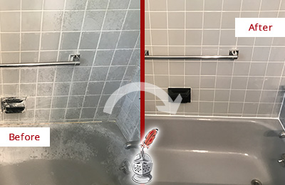 Before and After Picture of a Grout Recaulking in a Bathtub Area