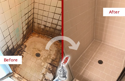Before and After Picture of Shower Caulking on a Shower with Mold and Mildew