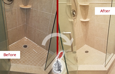Before and After Picture of Shower Caulking on Moldy Bathtub Joints