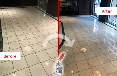 Sir Grout Raleigh Stone Services Help Maintain, Clean, and Polish Building Lobbies and Commercial Offices Stone Surfaces Picture of a Building Marble Entrance Floor Before and After Stone Restoration, Cleaning and Polishing