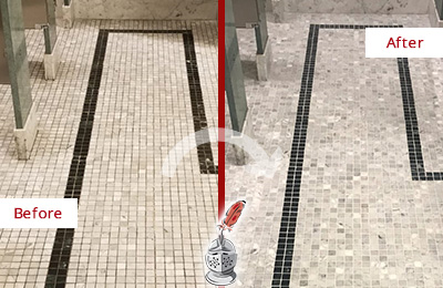 Sir Grout Raleigh Stone Cleaning Services Can Help Repair the Look of this Grimy Hospital's Restroom Before and After Picture of a Hospital Travertine Bathroom Floor Stone Cleaning Service