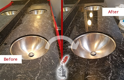 Sir Grout Raleigh Stone Services Are Ideal for Enhancing Restrooms Marble Countertops and Keep Them Perfect All Year Round Picture of an Office Restroom's Marble Countertop Before and After Color Enhancement and Restoration