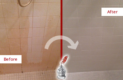Before and After Picture of a Shower Cleaned and Sealed To Remove Soap-Scum