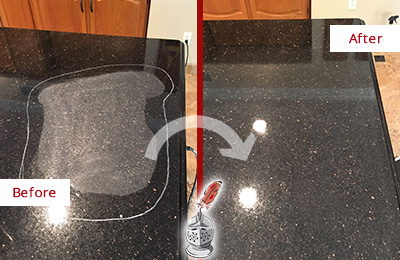 Before and After Picture of Black Granite Countertop Sealed to Reverse Scratching