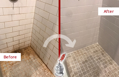 Before and After Picture of a Falls Shower Tile and Grout Cleaned to Eliminate Mold and Stains