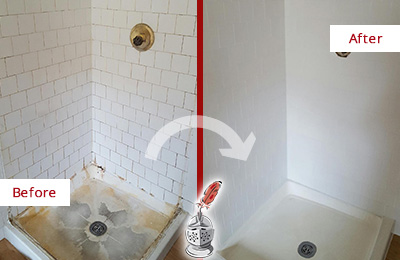 Sir Grout Cleans this Neuse Shower Tile and Grout to Remove Soap Scum Before and After Picture of a Neuse Shower Tile and Grout Cleaned to Remove Soap Scum