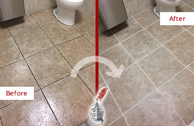 Sir Grout Cleans this Neuse Restroom Tile and Grout to Remove Soil Before and After Picture of a Neuse Restroom Tile and Grout Cleaned to Remove Soil