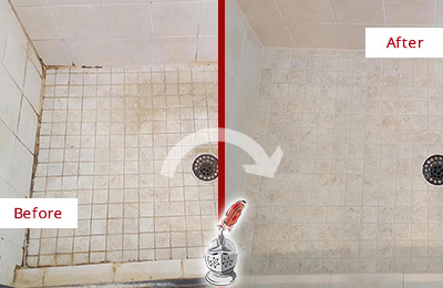 Before and After Picture of a Falls Shower Caulked to Fix Cracks