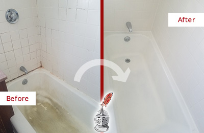 Before and After Picture of a Lizard Lick Bathtub Caulked to Repair Cracks