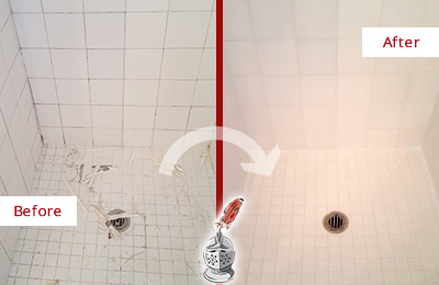 Before and After Picture of a Apex Bathroom Re-Caulked To Repair Damaged Caulking