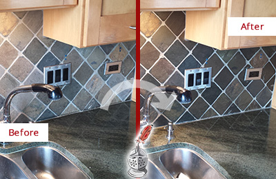 Sir Grout Caulks this Apex Backsplash Caulked to Fix and Prevent Water Leaks Before and After Picture of a Apex Backsplash Caulked to Fix and Prevent Water Leaks