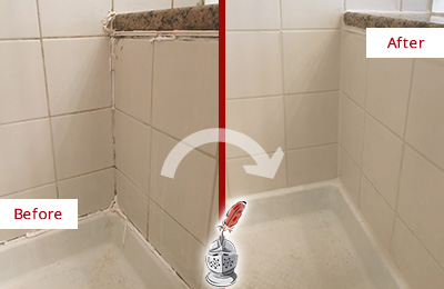 Sir Grout Caulks this Apex Shower Caulked to Repair Damaged Caulking Before and After Picture of a Apex Shower Caulked to Repair Damaged Caulking