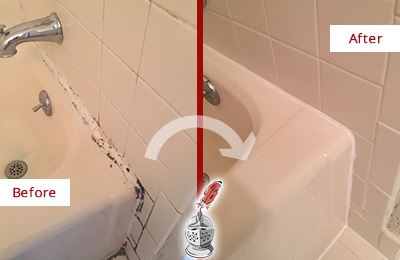 Before and After Picture of a Wendell Bathroom Sink Caulked to Fix a DIY Proyect Gone Wrong