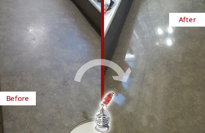 Before and After Picture of a Dull Raleigh Limestone Countertop Polished to Recover Its Color