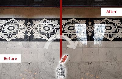 Sir Grout Polishes this Wendell Marble Stone Floor to a Mirror Shine Before and After Picture of a Wendell Marble Stone Floor Polished to a Mirror Shine