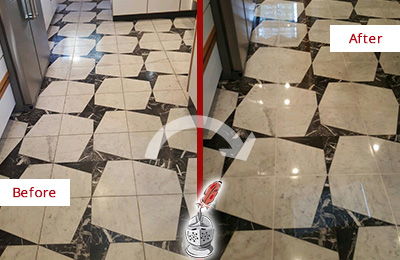 Before and After Picture of a Dull Morrisville Marble Stone Floor Polished To Recover Its Luster